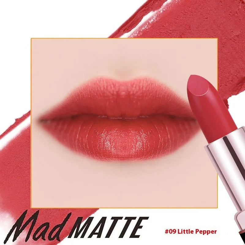 Fey Beauty non-stain matte lipstick in simple case, shades include cameo brown and milk tea colour.