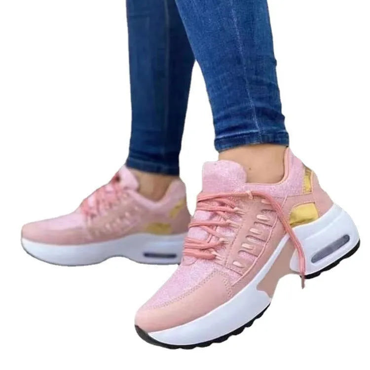 Breathable mesh lace up sneakers for women with low wedge heel, round toe, available in multiple colours