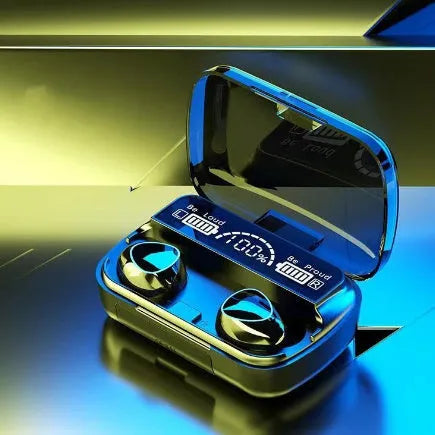 Black sports Bluetooth stereo earphone with digital display charging cabin, magnetic charging, and in-ear design