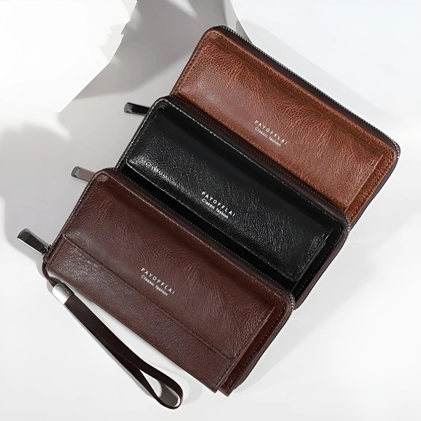 Men's PU leather long wallet showing multiple card slots in black colour option