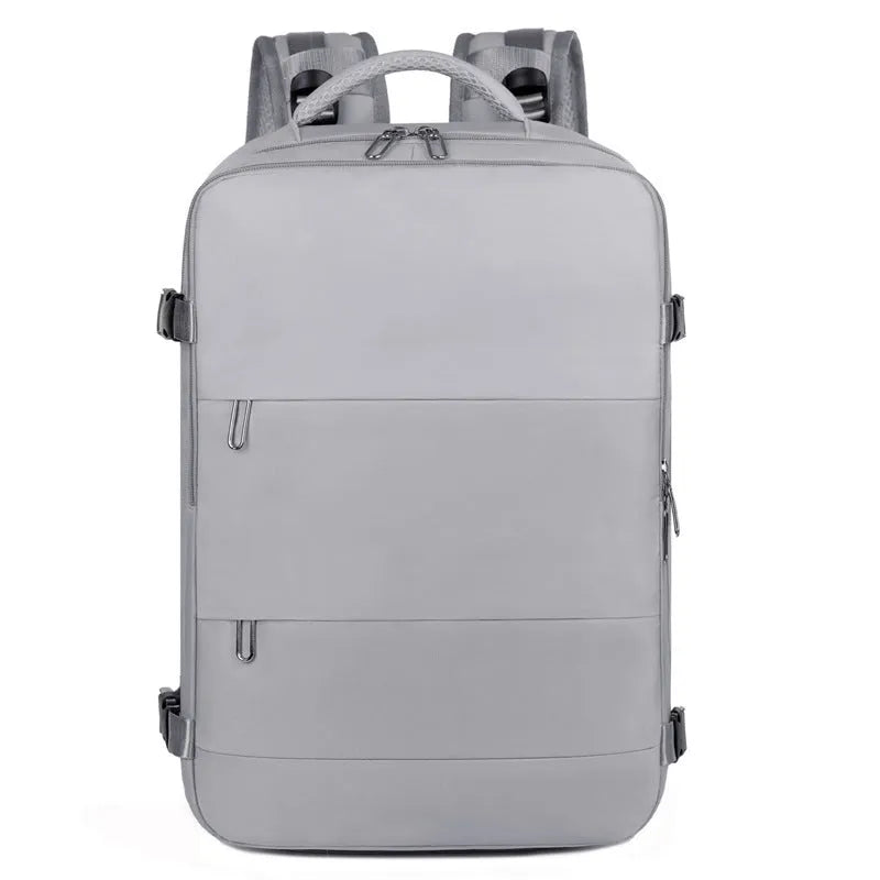 Large purple waterproof travel backpack for women with multiple compartments and an air pillow belt strap.