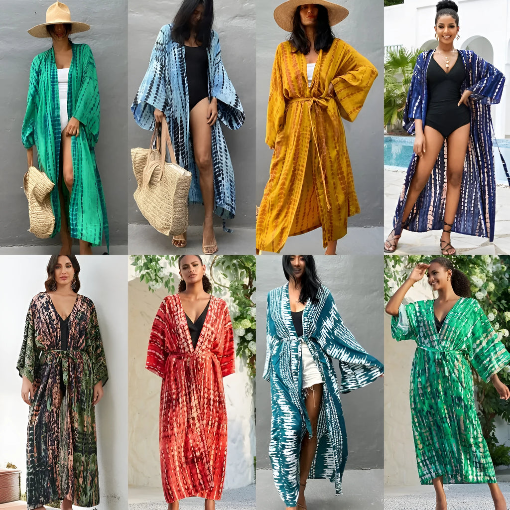 Printed loose cotton bikini cover-up blouse on hanger showing multiple DN0712 colour options.