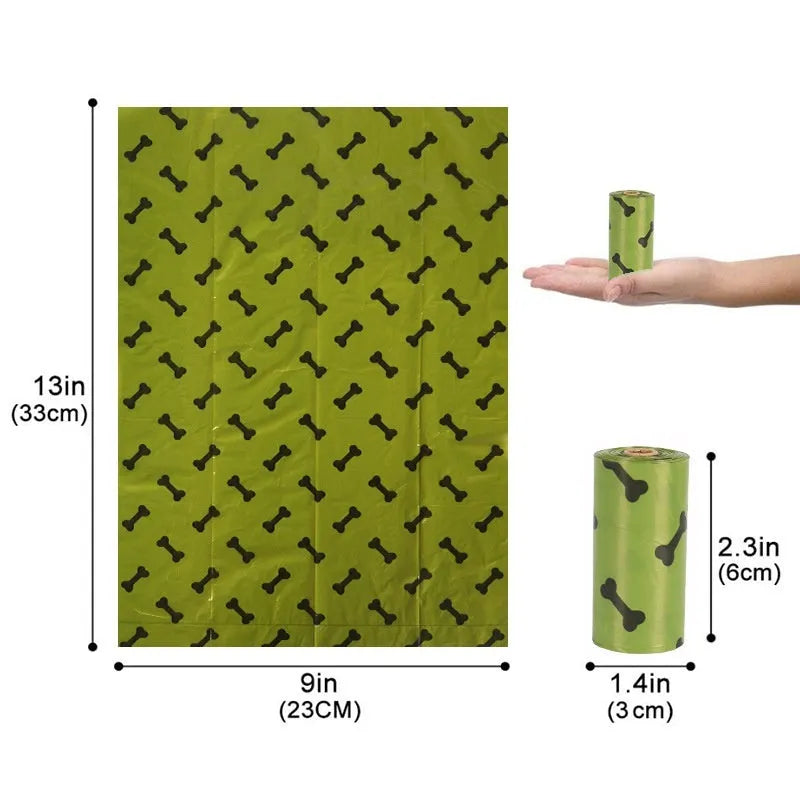 Military green degradable dog poop bags with black bone print, 23cm by 33cm size