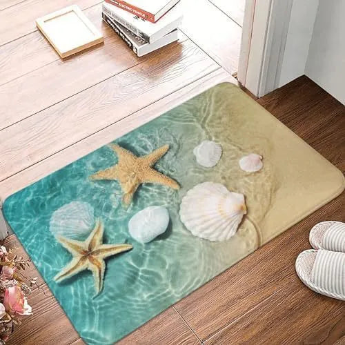 Square flannel floor mat with beach starfish pattern in modern minimalist style for household decor
