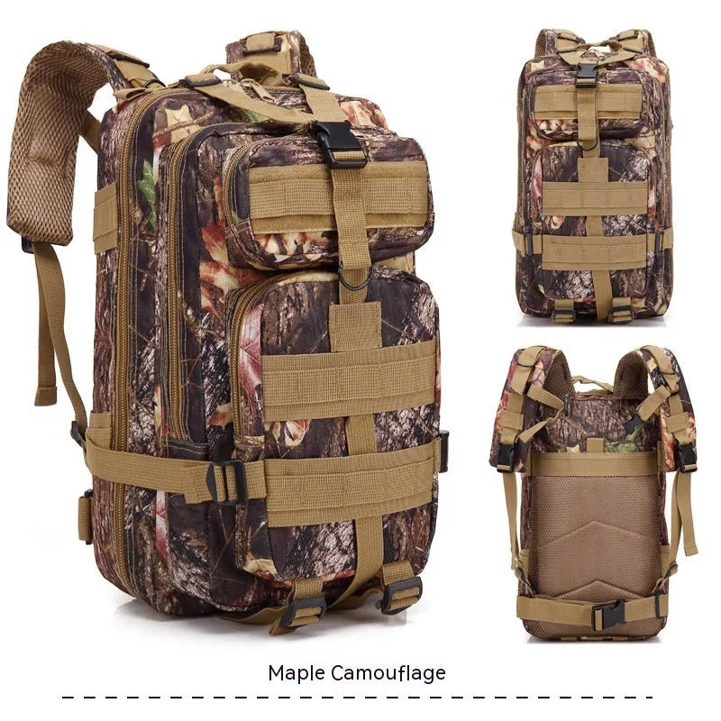 Large khaki Oxford cloth hiking backpack with air pillow belt system, shown for mountaineering use.
