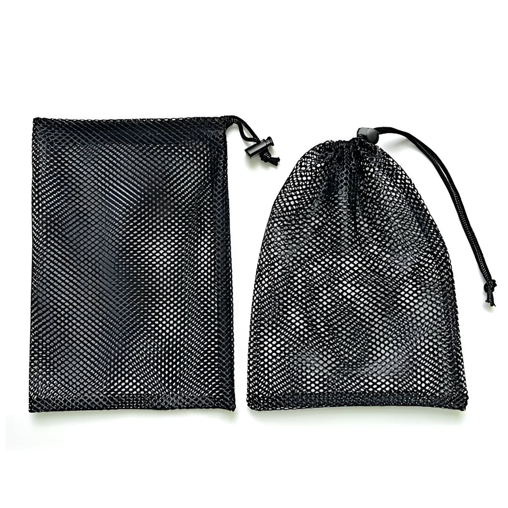 Black mesh drawstring storage bag with three size options for water toys.
