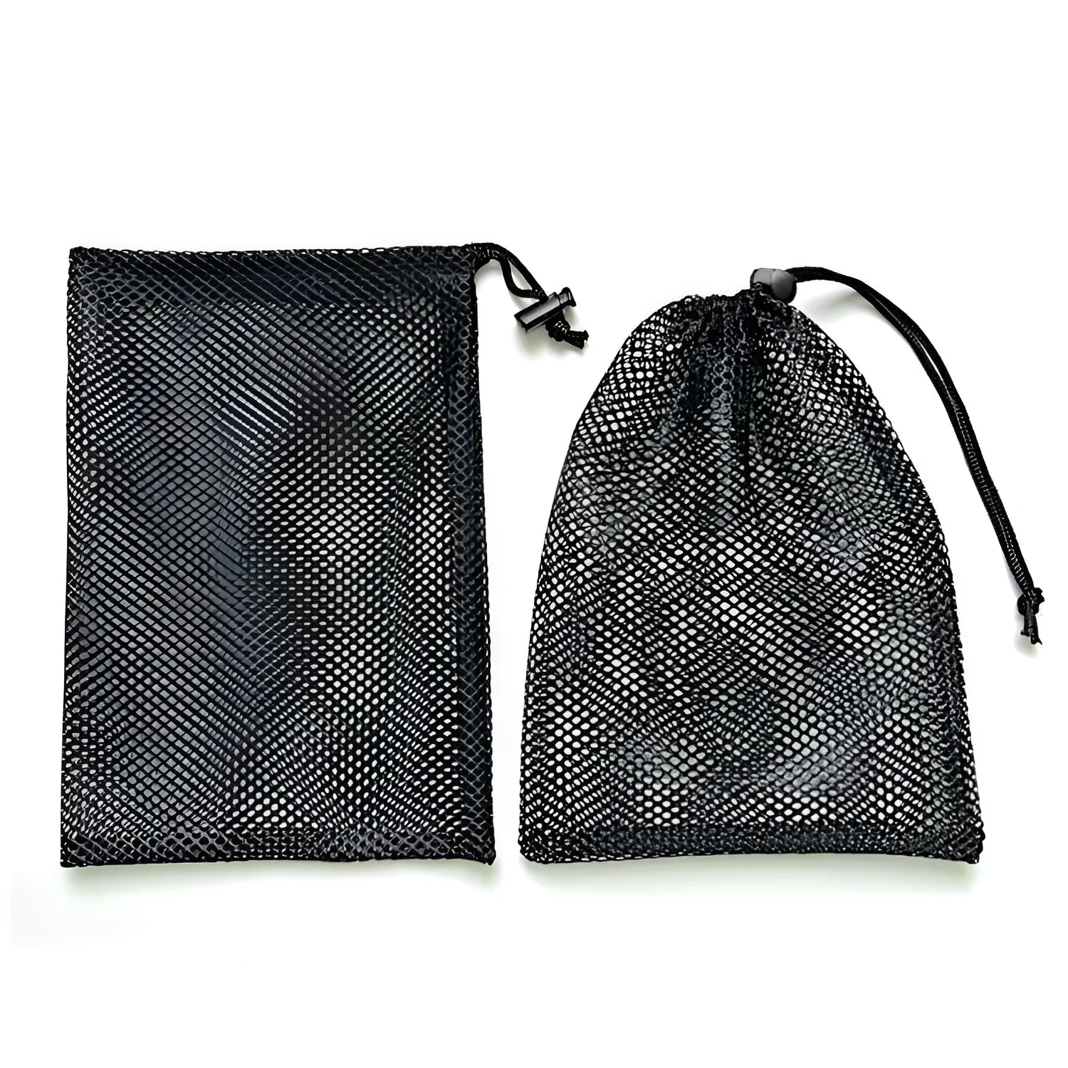 Black mesh drawstring storage bag with three size options for water toys.
