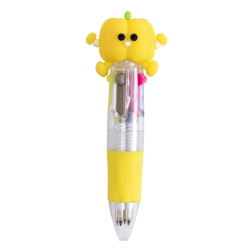 Four-colour press ballpoint pen with random cartoon design showing cactus, fast food, or fruit patterns