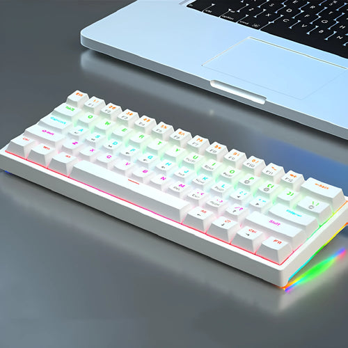 Bluish-black 61-key mechanical keyboard with hot-swappable switches on a desk