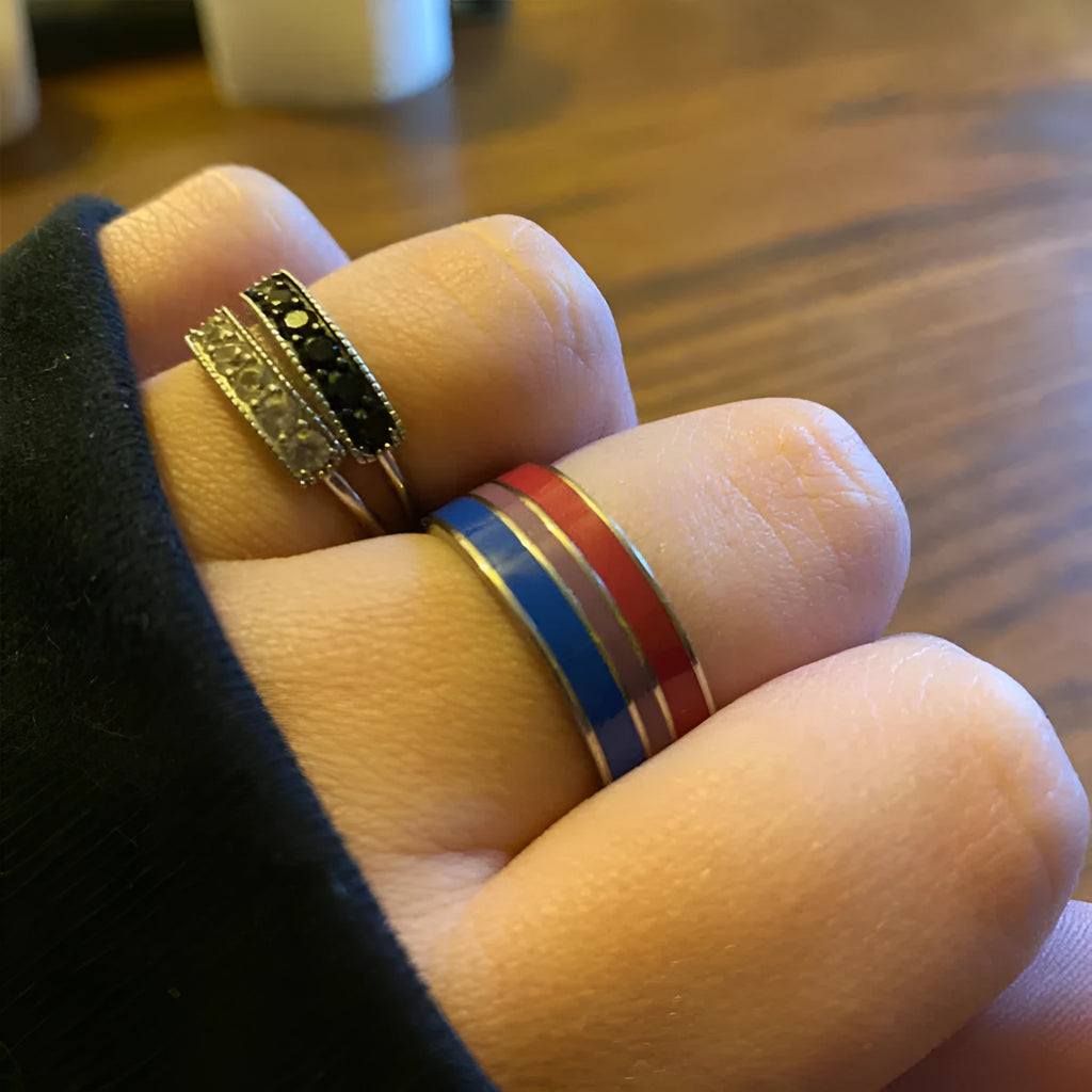 Bisexual pride stainless steel geometric ring in style 1, silver finish, size 10, unisex alternative design