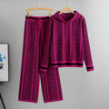 Women's casual knit two-piece set with hooded top and wide leg pants in khaki colour