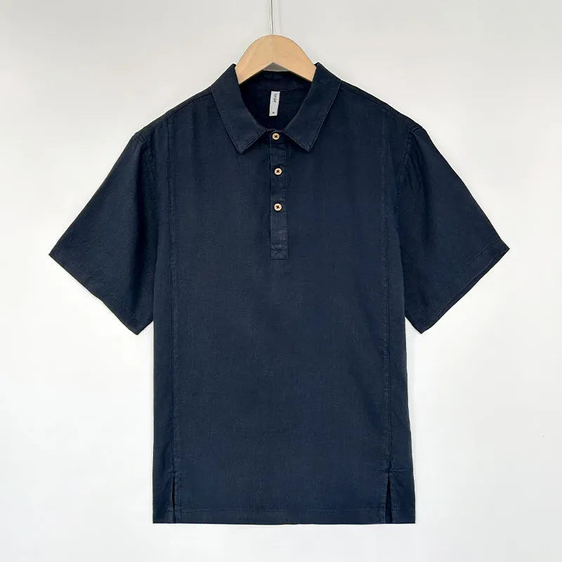 Men's linen summer shirt with thin lapels and short sleeves in loose fit