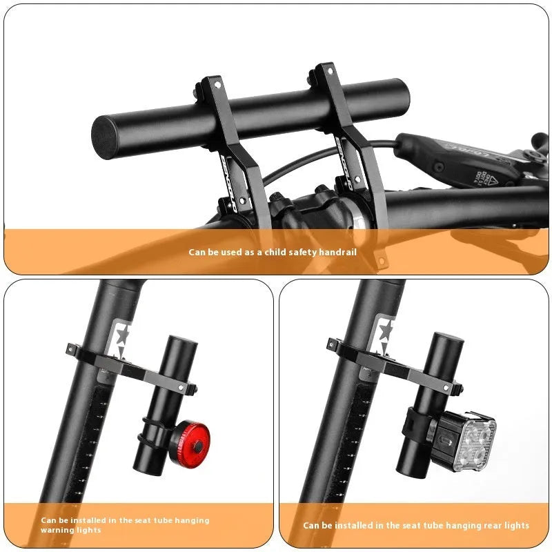 Aluminium alloy bicycle handlebar extension bracket in black, 10cm length, for MTB and road cycling