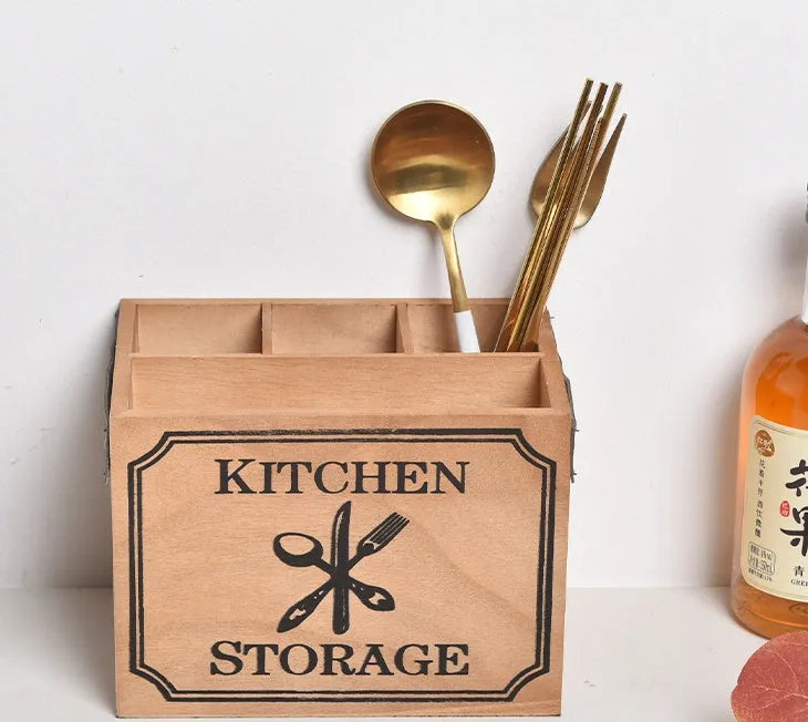 Wooden kitchen storage box for cutlery and chopsticks with divider grids