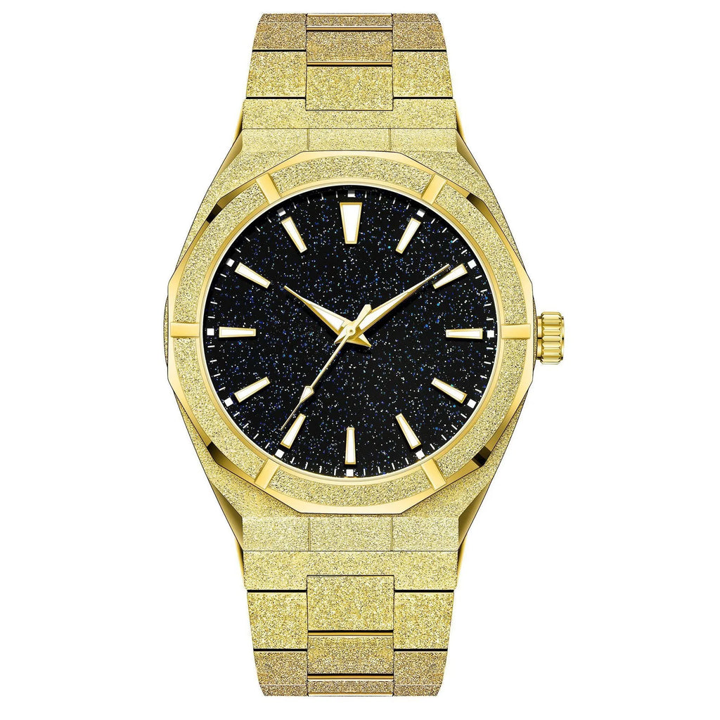 Men's frosted stainless steel business watch with luminous markers on black strap.