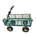 Green four-wheel hand push net cart with iron frame and rubber wheels on outdoor ground