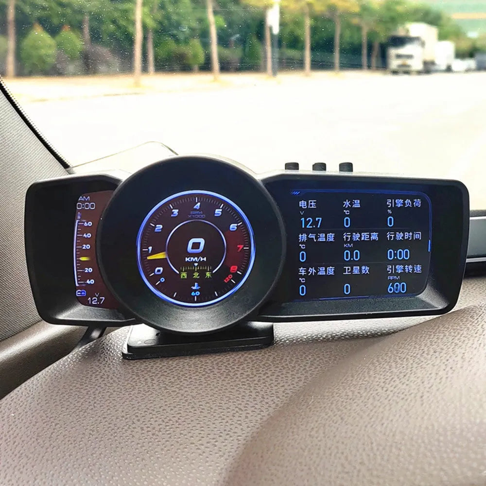 OBDII vehicle monitor with GPS Beidou navigation on car dashboard showing engine data and map display