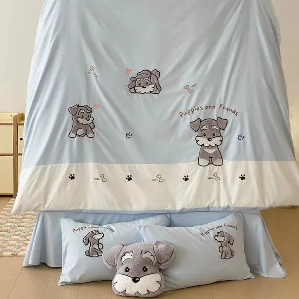 Schnauzer cartoon patterned bedding set with quilt cover, sheet, and pillowcases on bed