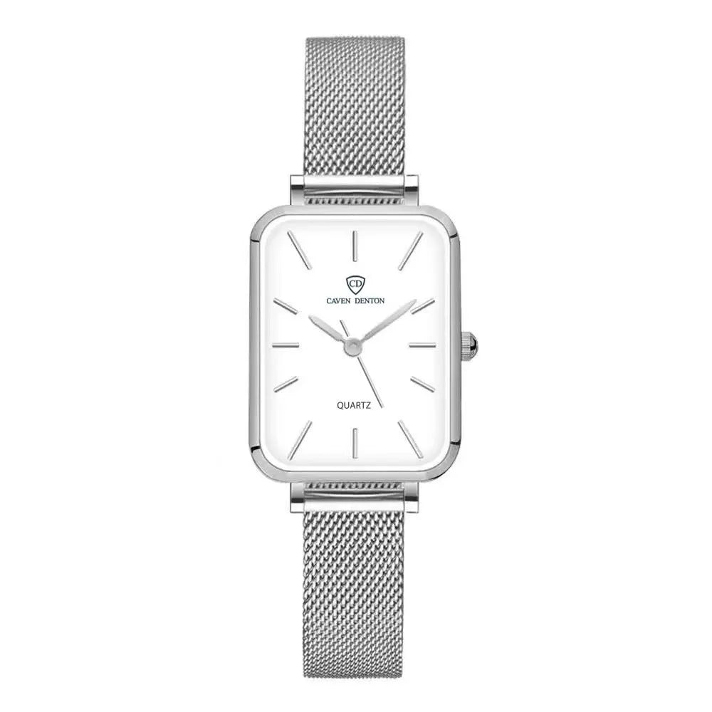 Women's rose gold or silver alloy waterproof quartz watch with woven steel strap.
