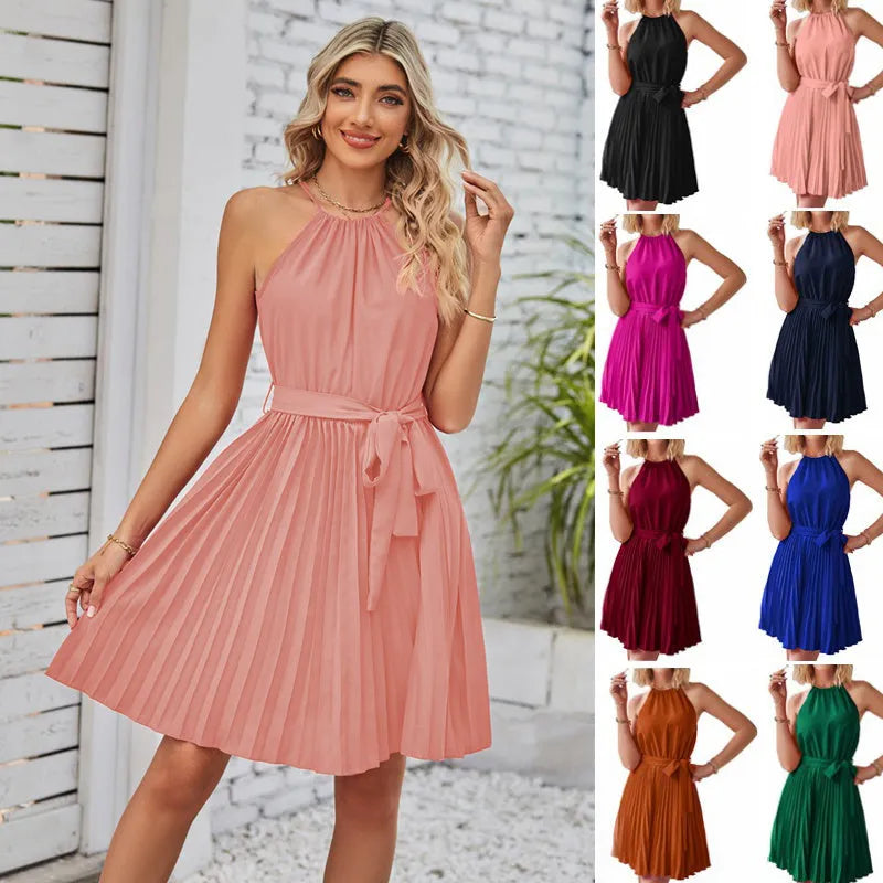 Women's black halter neck strapless sundress with pleated midi skirt and adjustable waist belt