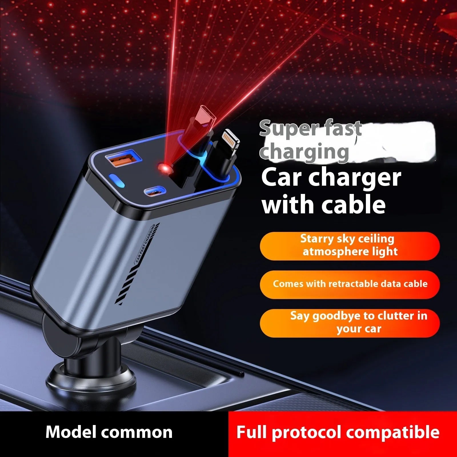 Grey 120W star charger with Type-C output and starry sky top showing RGB flowing light