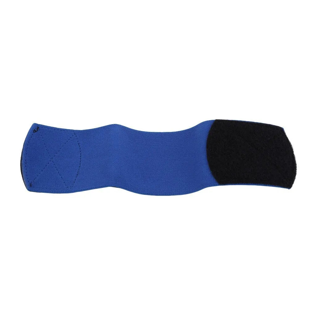 Elastic rubber shin guard strap for football and sports in red, blue, black, white colours.