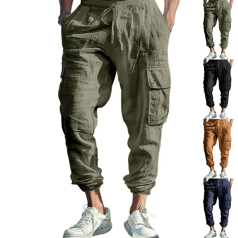 Men's linen casual trousers with ankle-tied legs and multi-pockets in Army Green colour