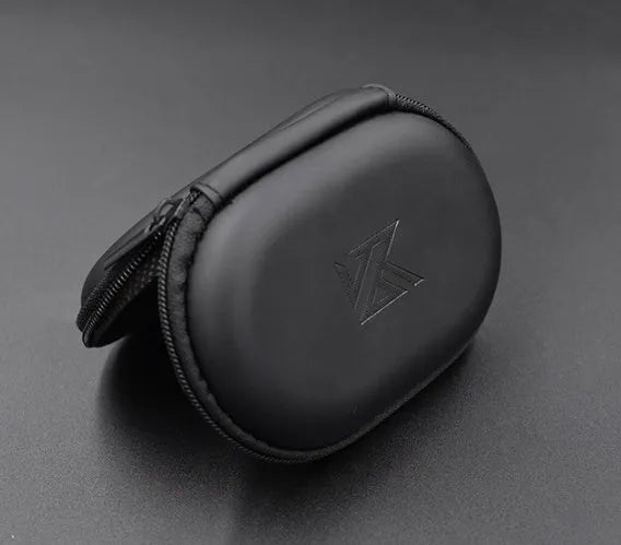 Black oval leather earphone storage bag with zip closure shown closed