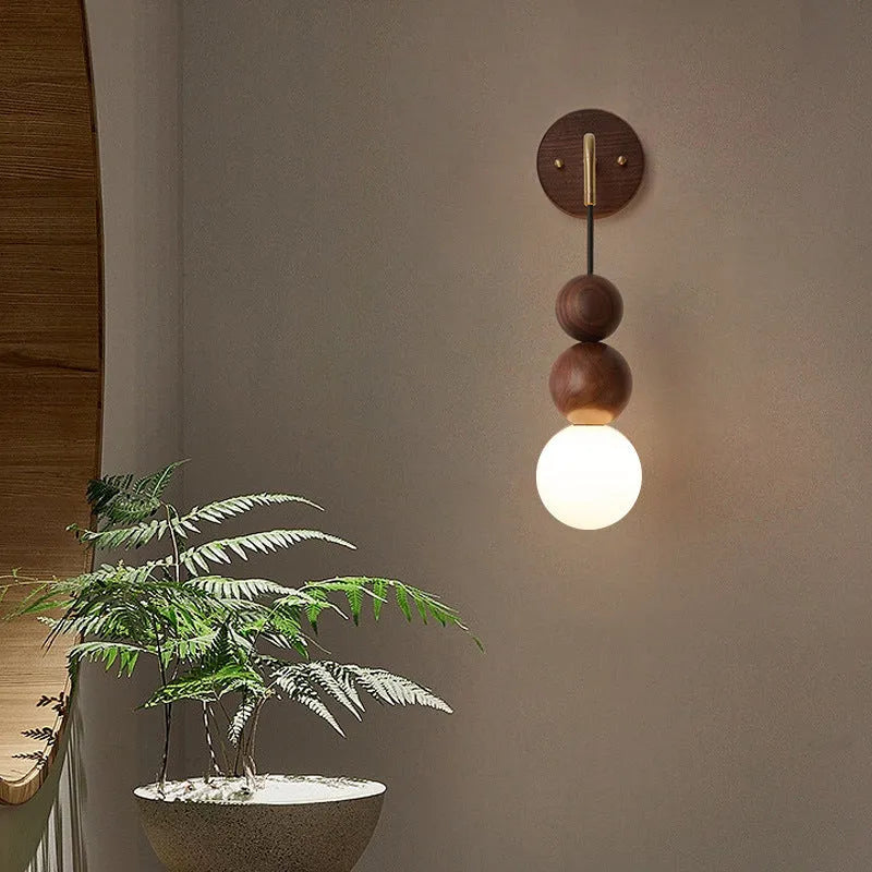 Copper and wood wall lamp with natural walnut finish, three colour light settings