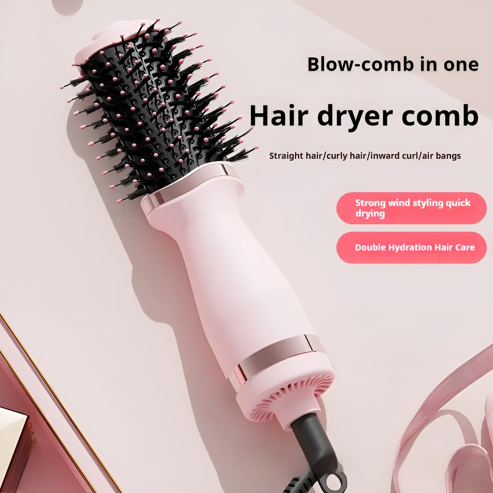Pink multifunctional hair dryer with integrated styling comb and constant temperature hair care system
