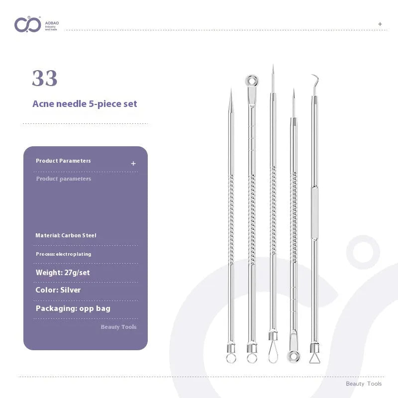 Four silver metal acne needles with ultra-fine pointed tips for skincare extraction.