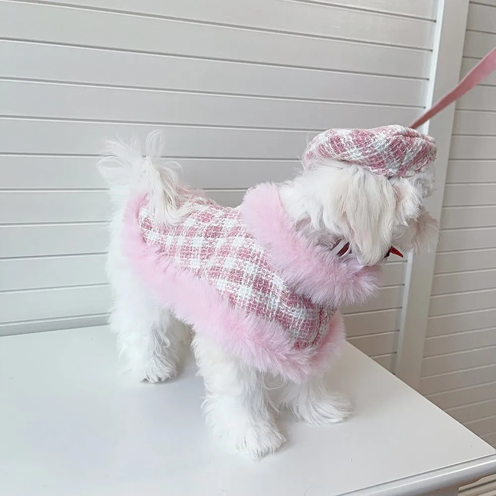 Pink polyester cat costume with a hooded beret and a matching cape on a cat