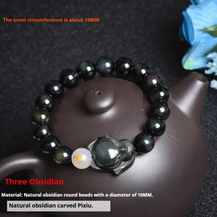 Natural obsidian zodiac guardian bracelet with 10mm beads in three style variations