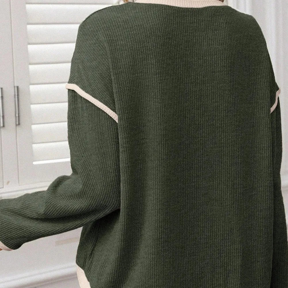 Four leaf clover contrast trim drop shoulder loose knit top in polyester elastane fabric