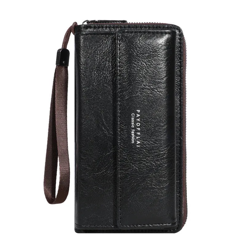 Men's PU leather long wallet showing multiple card slots in black colour option