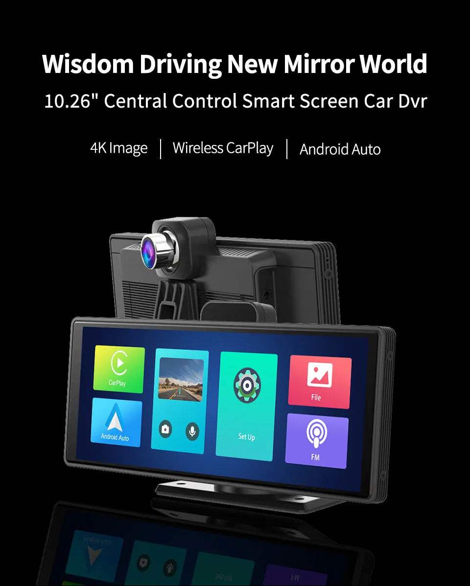 12-inch touchscreen car DVR with front and rear cameras mounted on vehicle dashboard