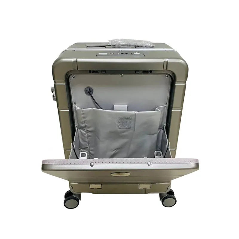 Front opening 20-inch hard shell suitcase in silver showing dry wet separation compartment and cup holder.