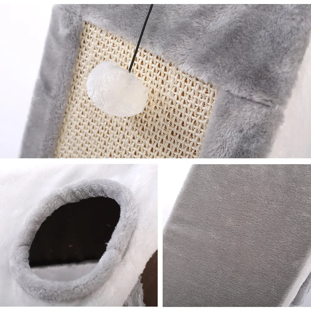 Triangular cat scratching toy with sisal surface in grey-white colour option showing perch design