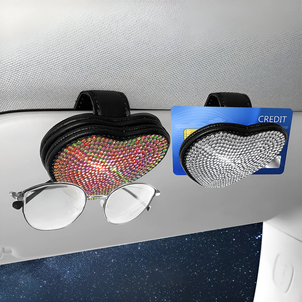 Diamond-encrusted PU leather car sun visor clip with magnetic closure for glasses and document storage