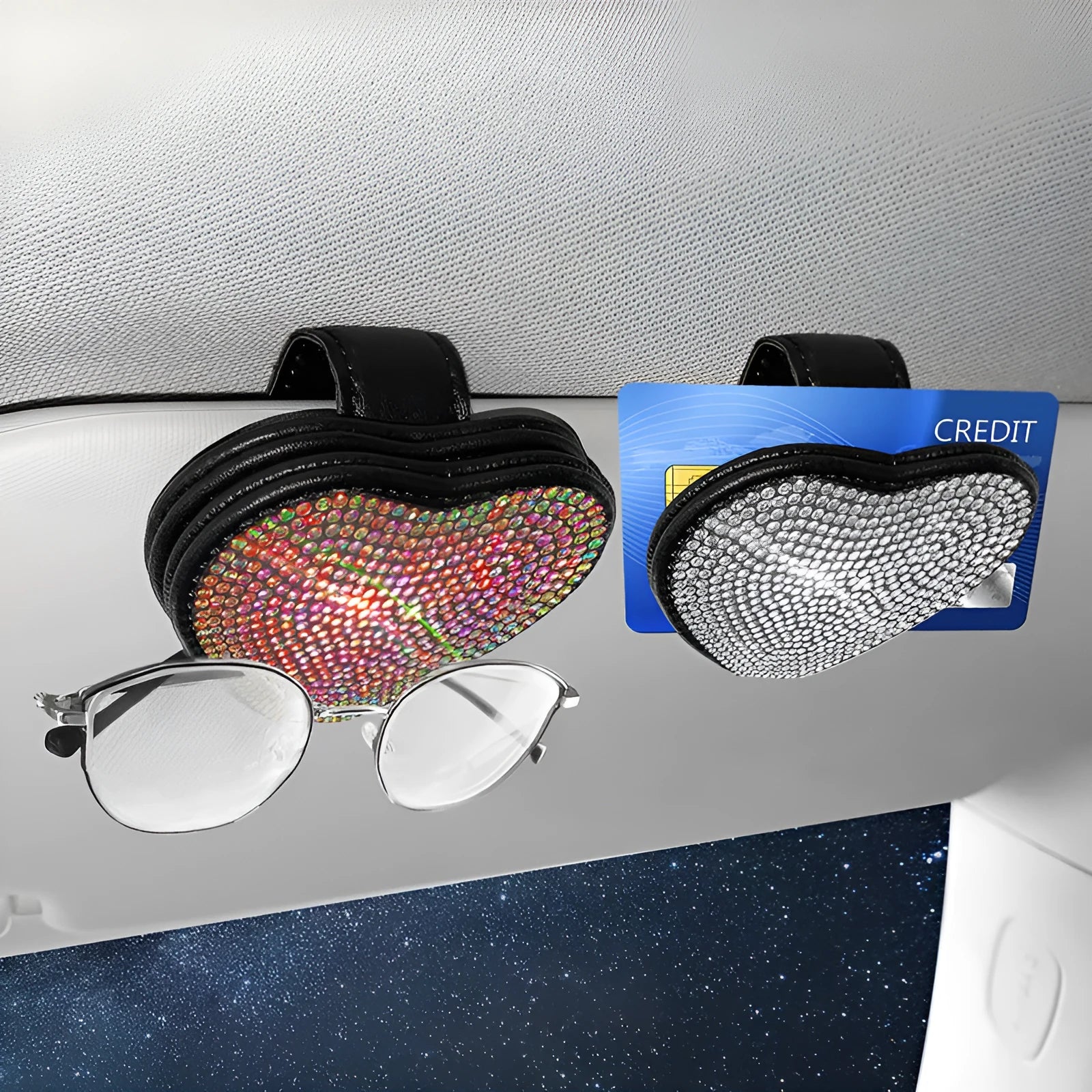 Diamond-encrusted PU leather car sun visor clip with magnetic closure for glasses and document storage