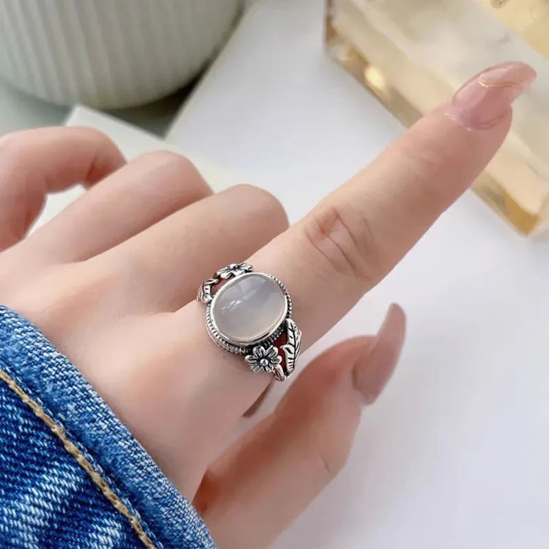 Copper adjustable ring with imitation white chalcedony stone in vintage U-shaped design