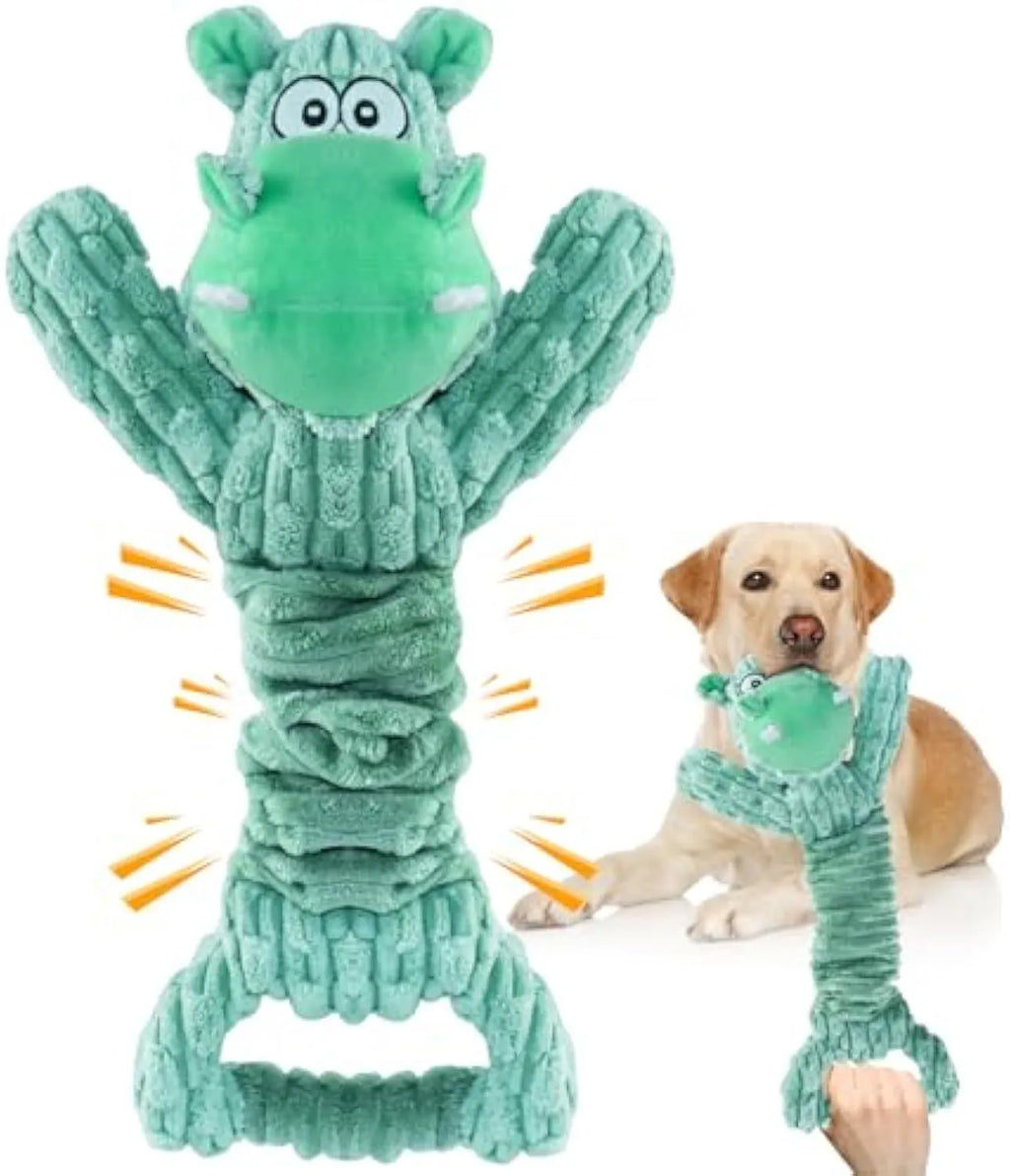Large plush hippo or monkey dog toy with a handle for tug of war