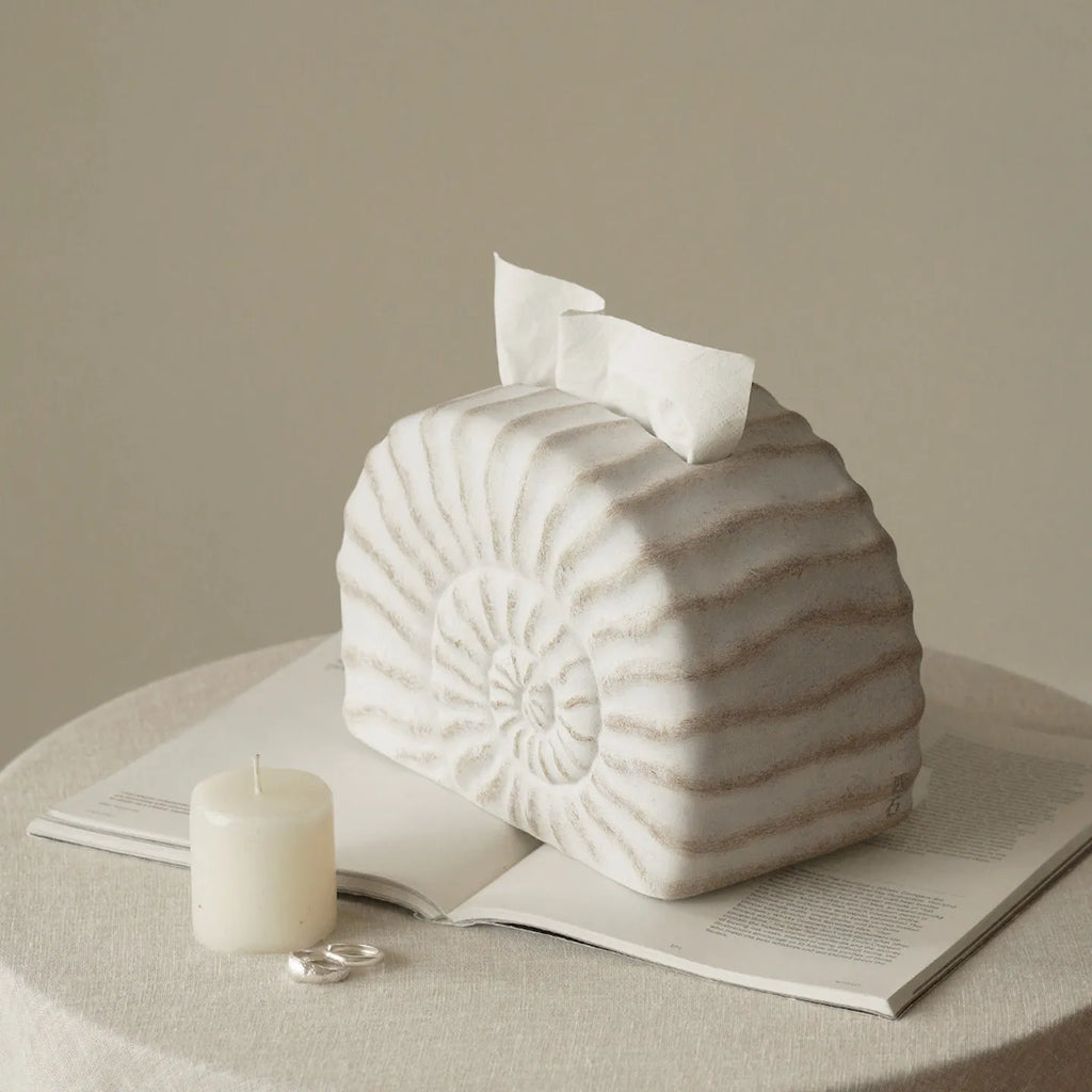 Conch coloured resin tissue box with modern minimalist design for home decor
