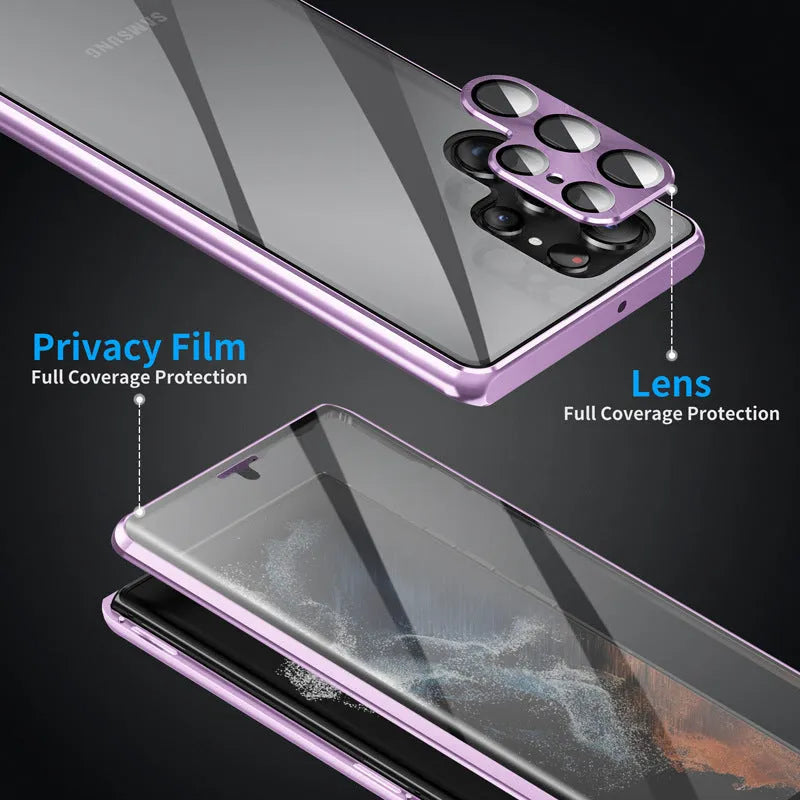 Metal magnetic phone case for Samsung S24 Ultra with a built-in peep-proof mirror in multiple colours.