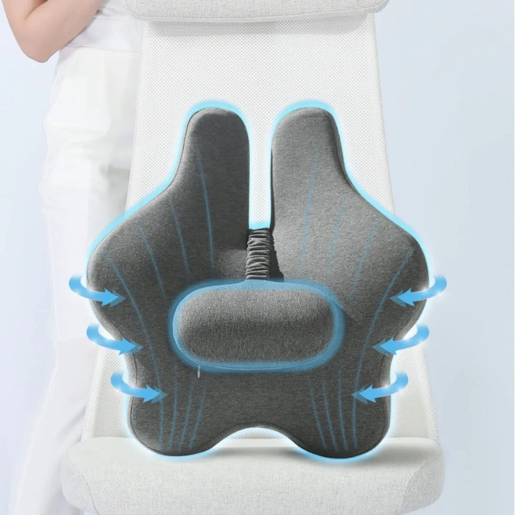 Memory foam car lumbar support cushion in a solid colour, shown on a car seat.