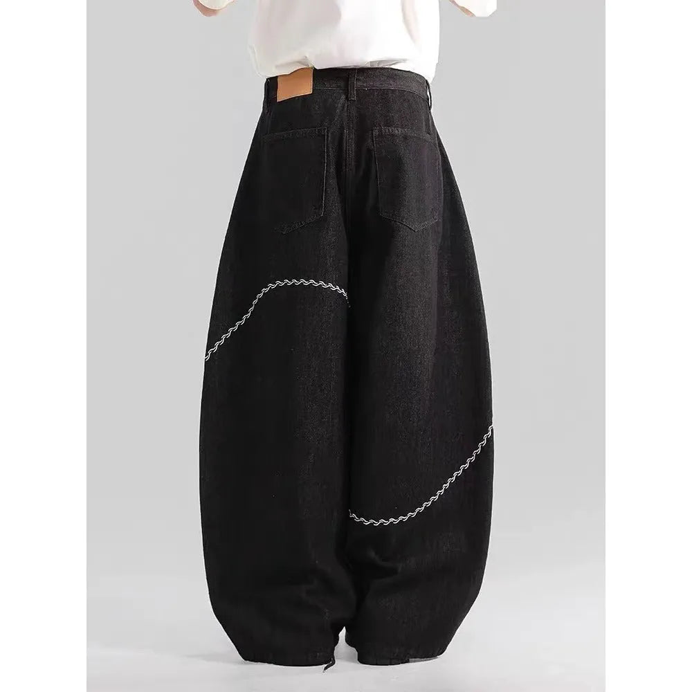 Black straight leg men's trousers with micro-elastic polyester denim fabric and zip fly