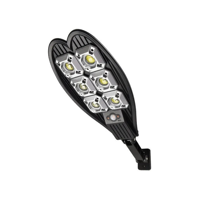 Six-eye sword design solar garden lamp with remote control on a white background.