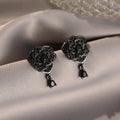 Black rose zircon flower stud earrings with 18K copper electroplating