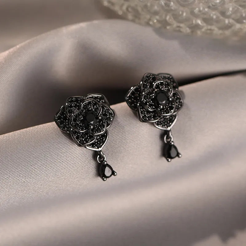 Black rose zircon flower stud earrings with 18K copper electroplating