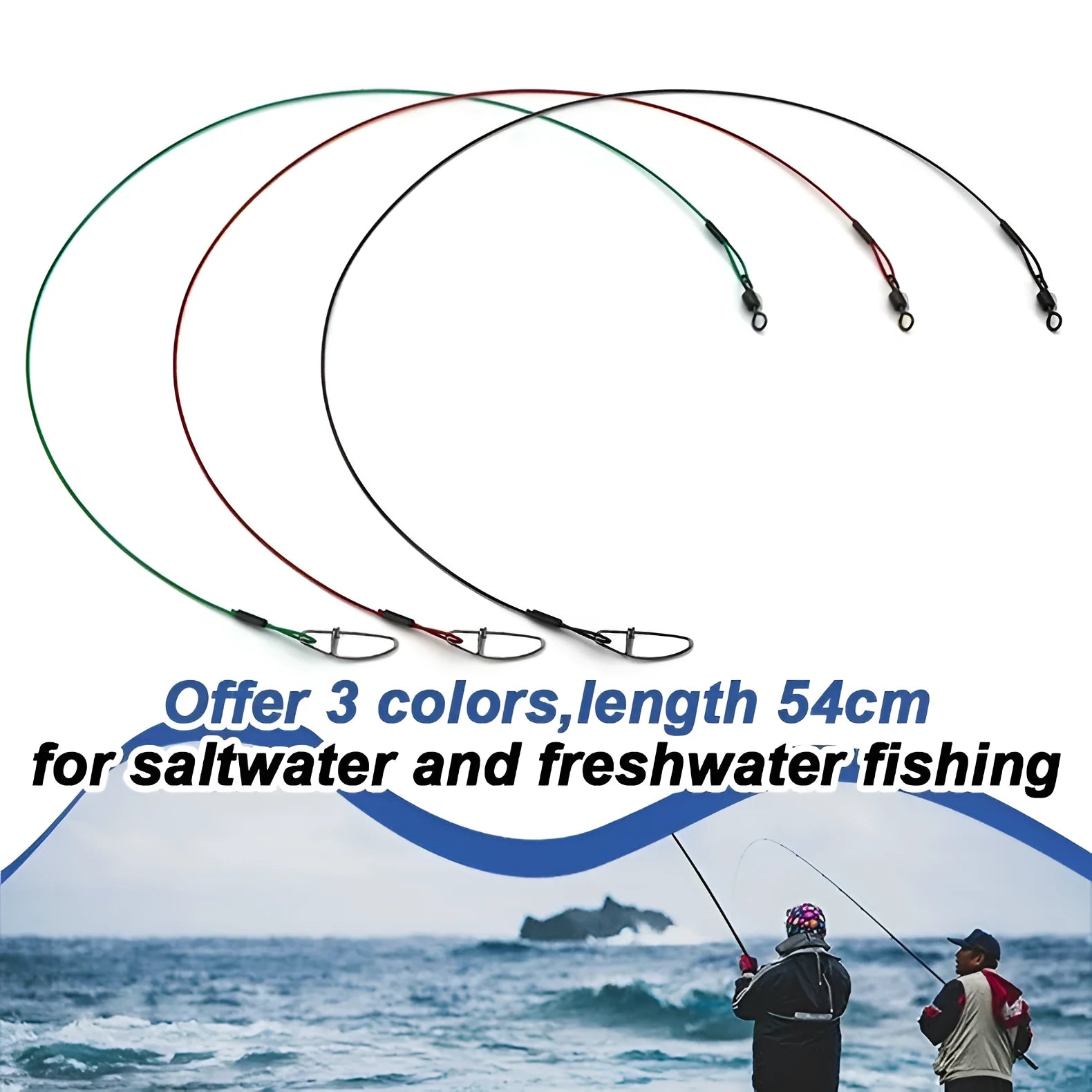 Set of 10 anti-bite steel wire fishing accessories with double buckle pins in black, green, and red colours